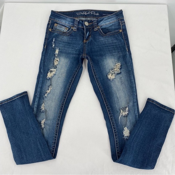 Wishful Park Size 0 Woman's Sophia Skinny Denim Blue Jeans Distressed Low Rise - Picture 2 of 10
